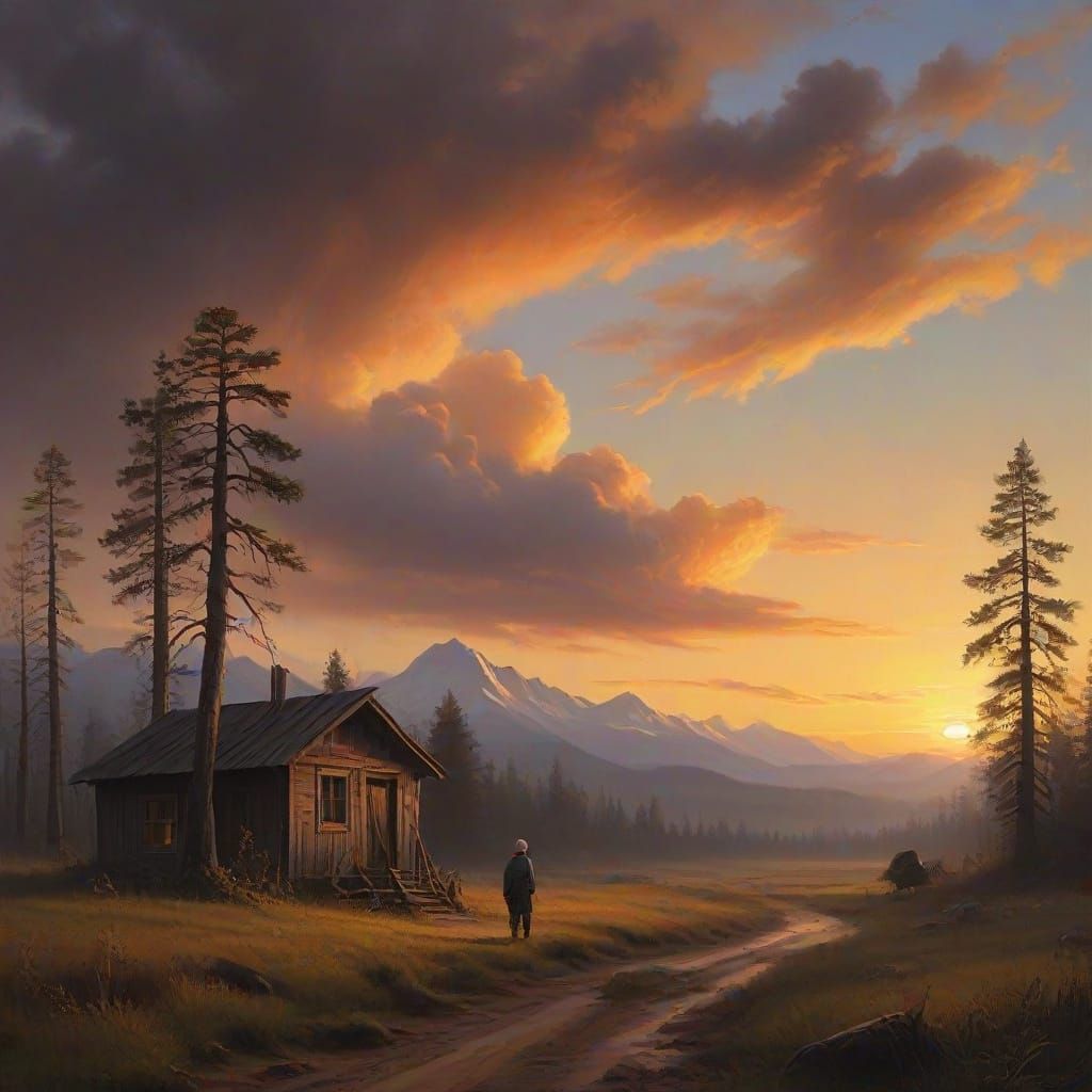 Melancholic Old Man in a Sunset Forest Landscape