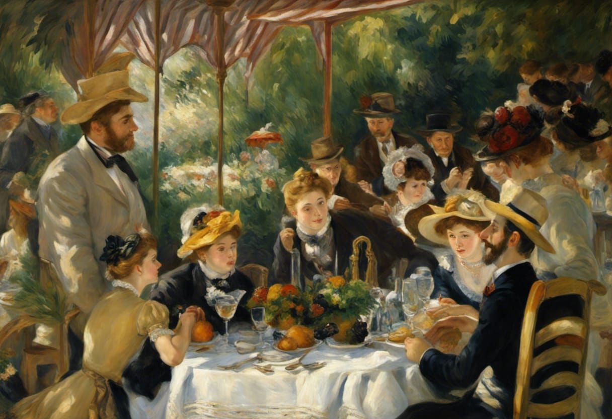 Impressionist Bourgeois Picnic in Park: Oil Painting