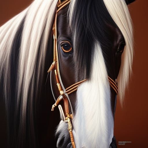 Portrait a large black horse with a white mane