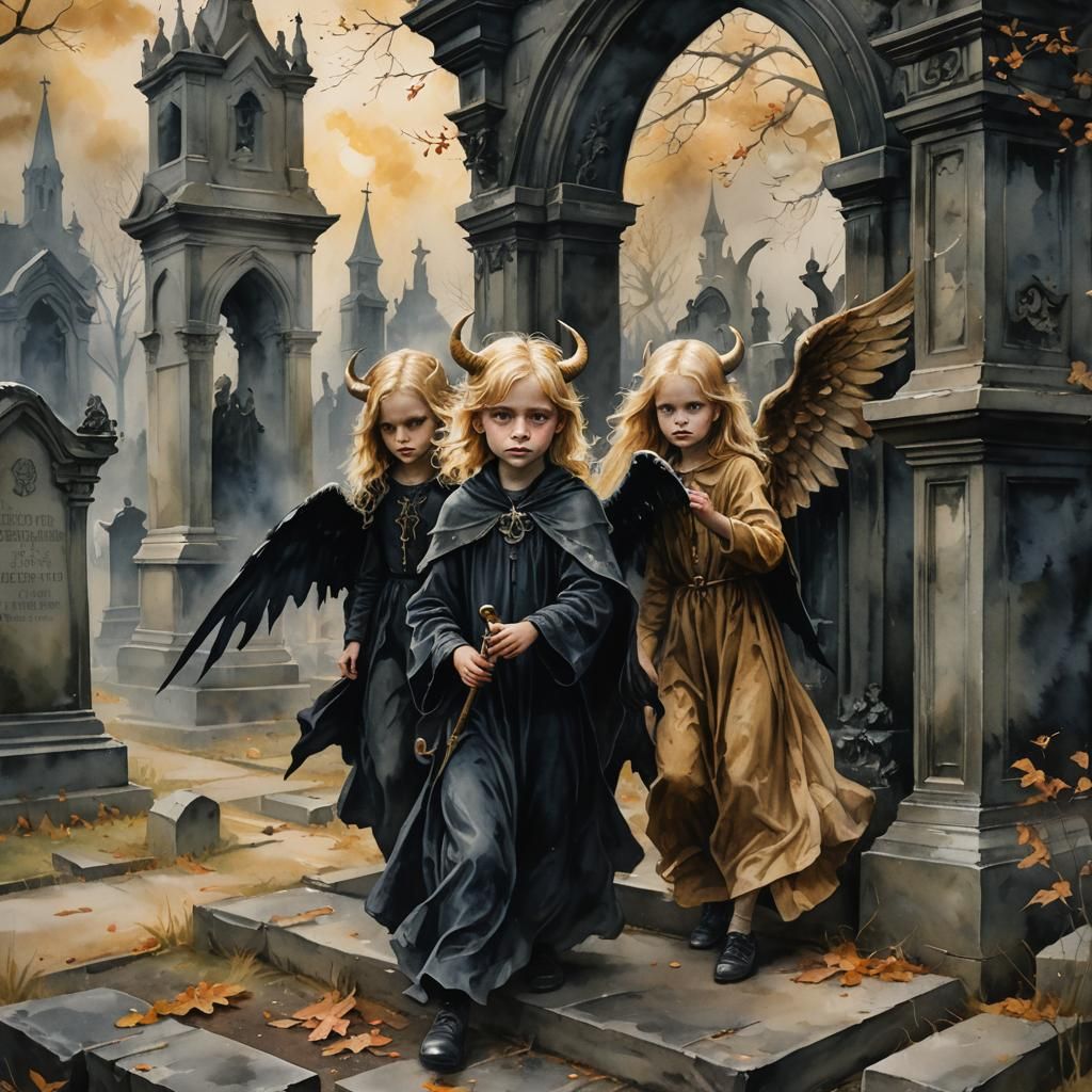 Close up Beautiful blonde Temptress children with horns and wings a cemetery playing 

gothic ostentatious medieval sini...