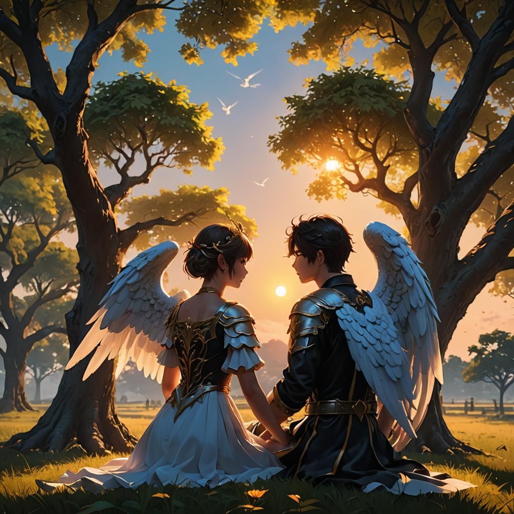 Angel and Demon Sunset: 3D Anime Art