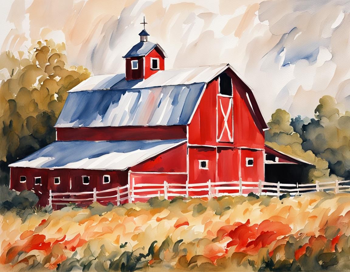 Red and White Barn in Gouache Watercolor Style