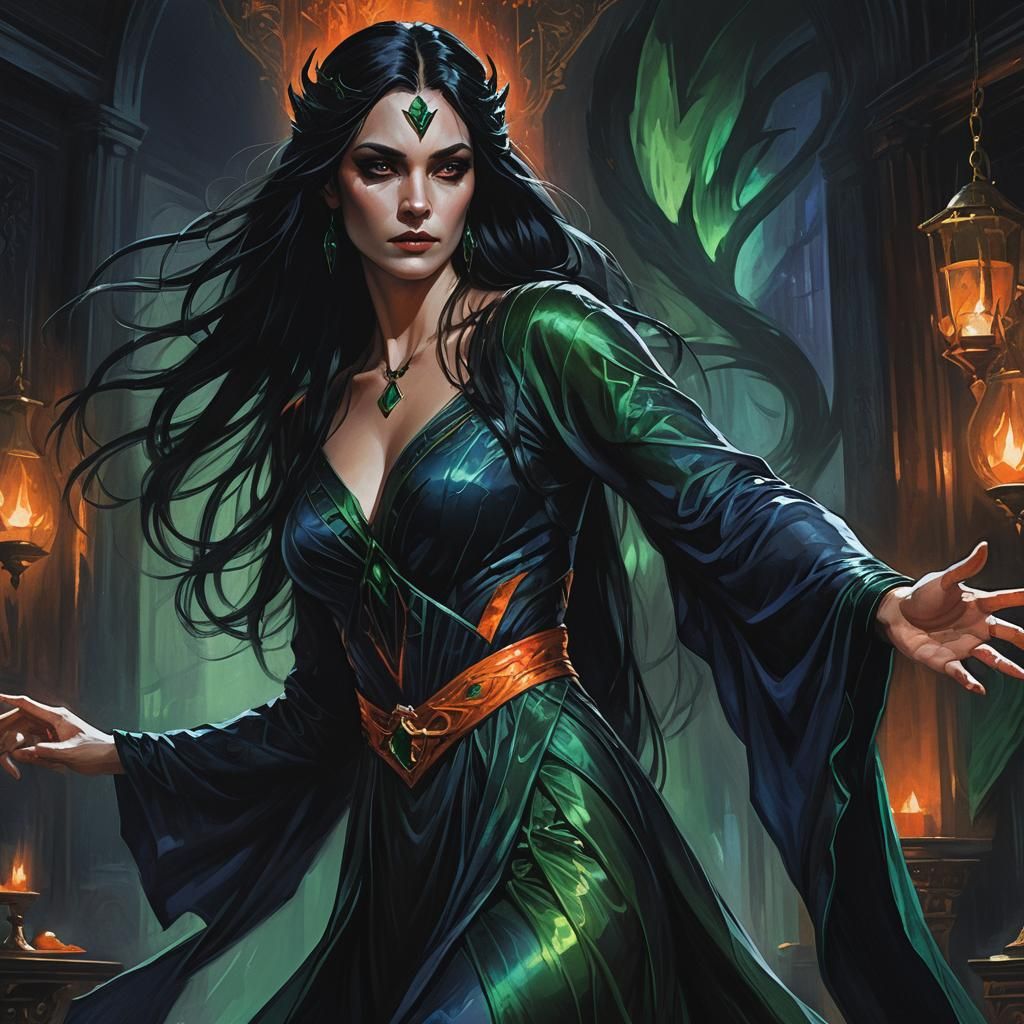 Morrigan in Shadowy Living Room: Dark Fantasy Art