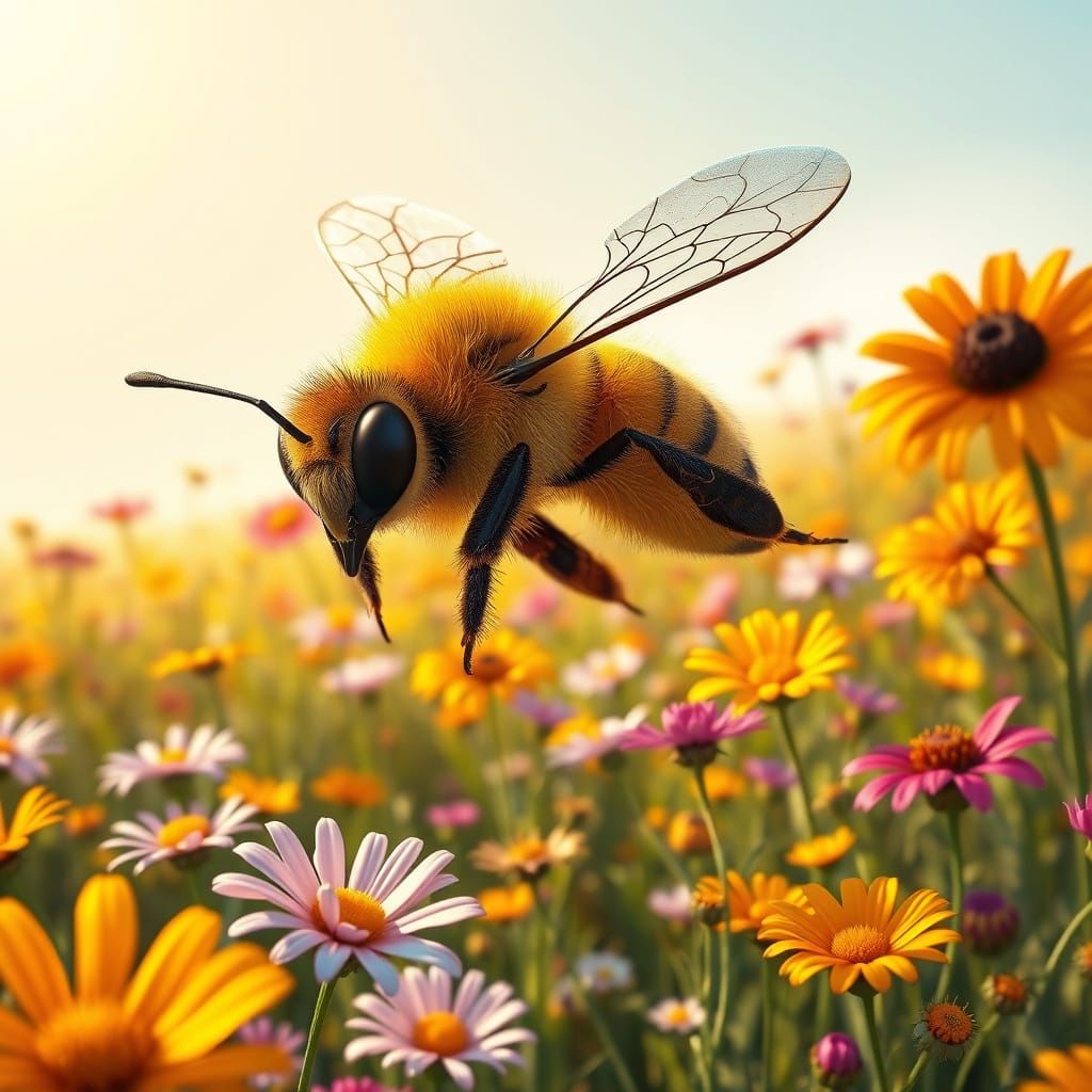 Heroic Honeybee Soars Above Vibrant Wildflowers