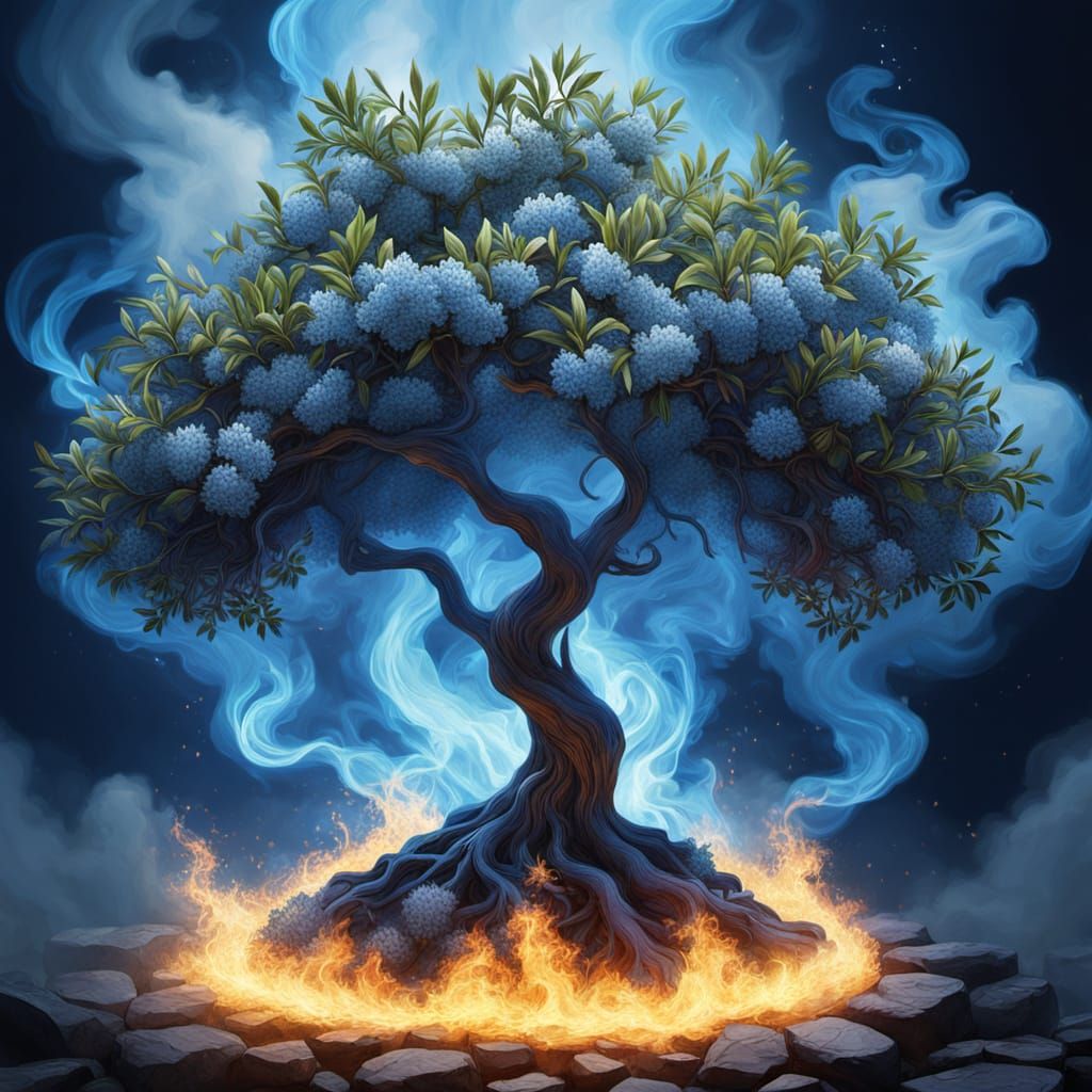 Olive Tree Ablaze: Hyper-Realistic Fantasy Art