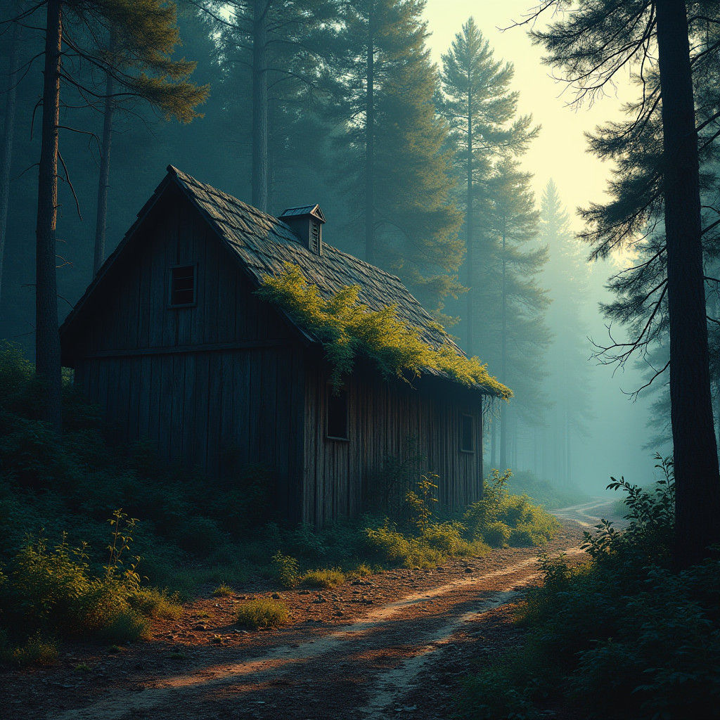 Ominous Shed Embraced by Nature in Dark Fantasy Style