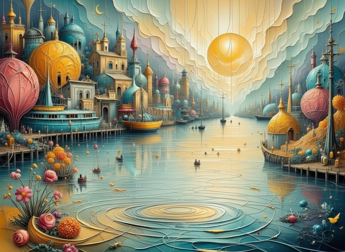 Surreal Multicolored Harbor Painting