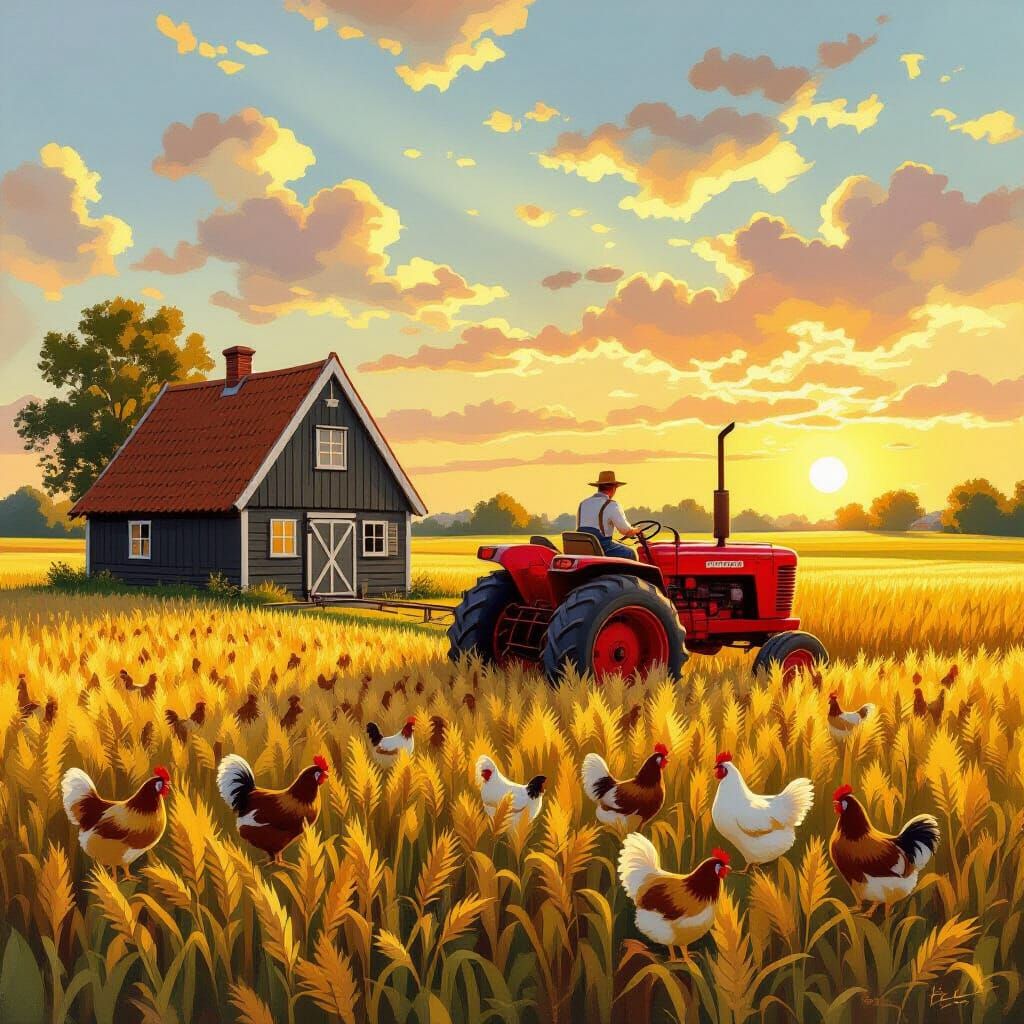 Storybook Chicken Coop with Farmer on Tractor