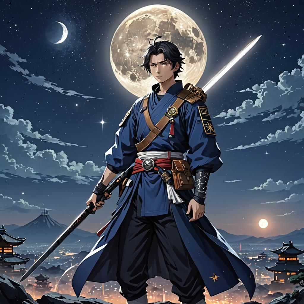 Boy with Sword and Gun Under a Starry Moon