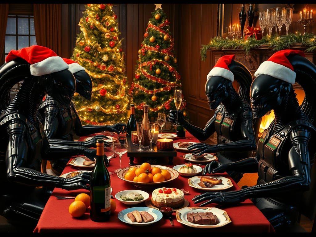 Sleek Xenomorphs Enjoy Festive Feast in Bulletproof Vests an...