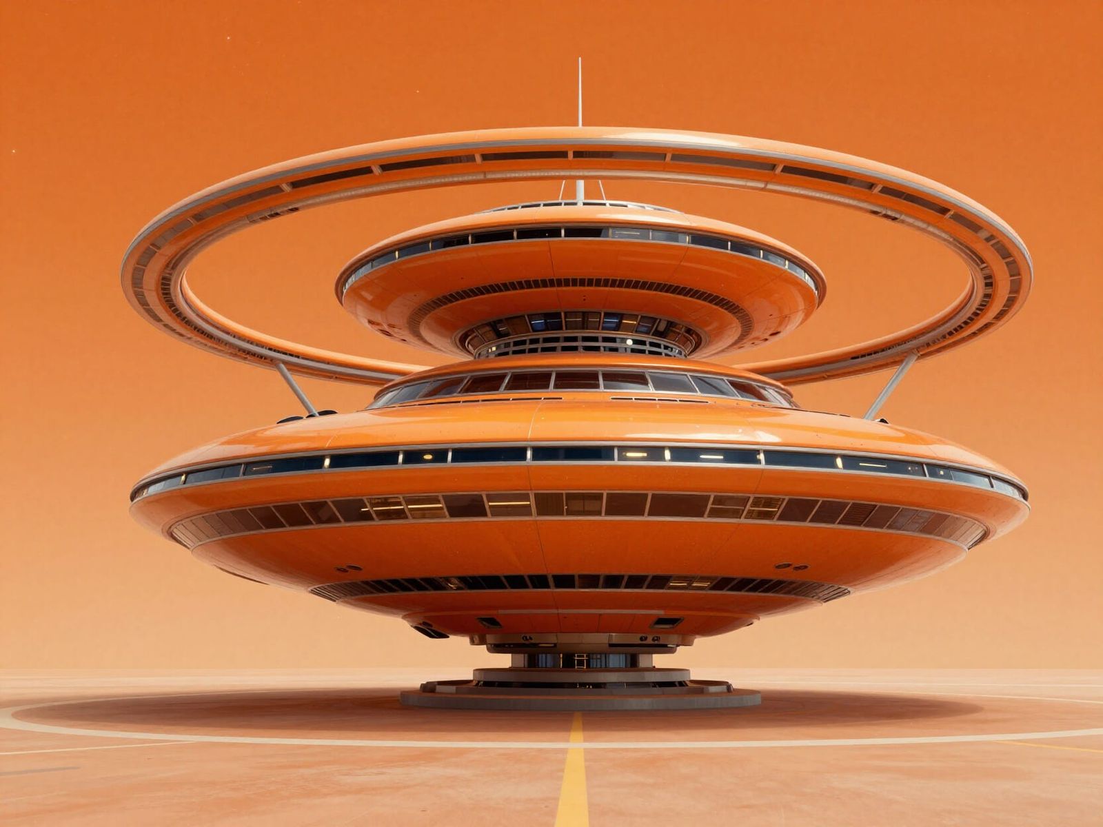 Retro-Futuristic Orange Spaceship with Ring Structure