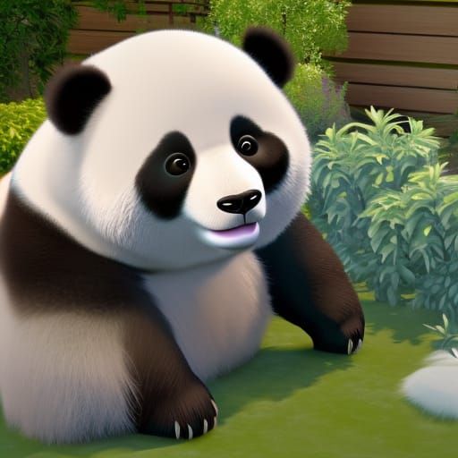 Cute Panda in Garden: 3D Render
