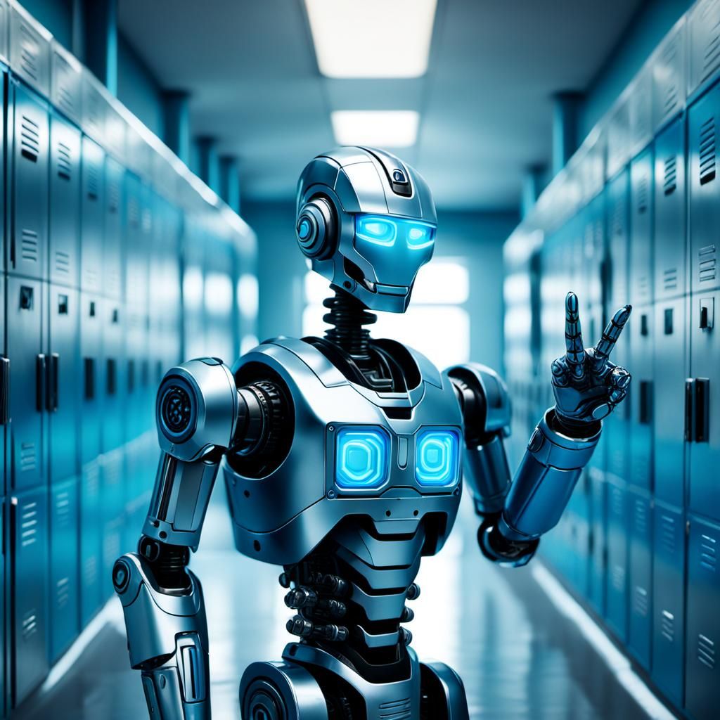 Rebellious Robot Gesture in School Hallway as Fantasy Art