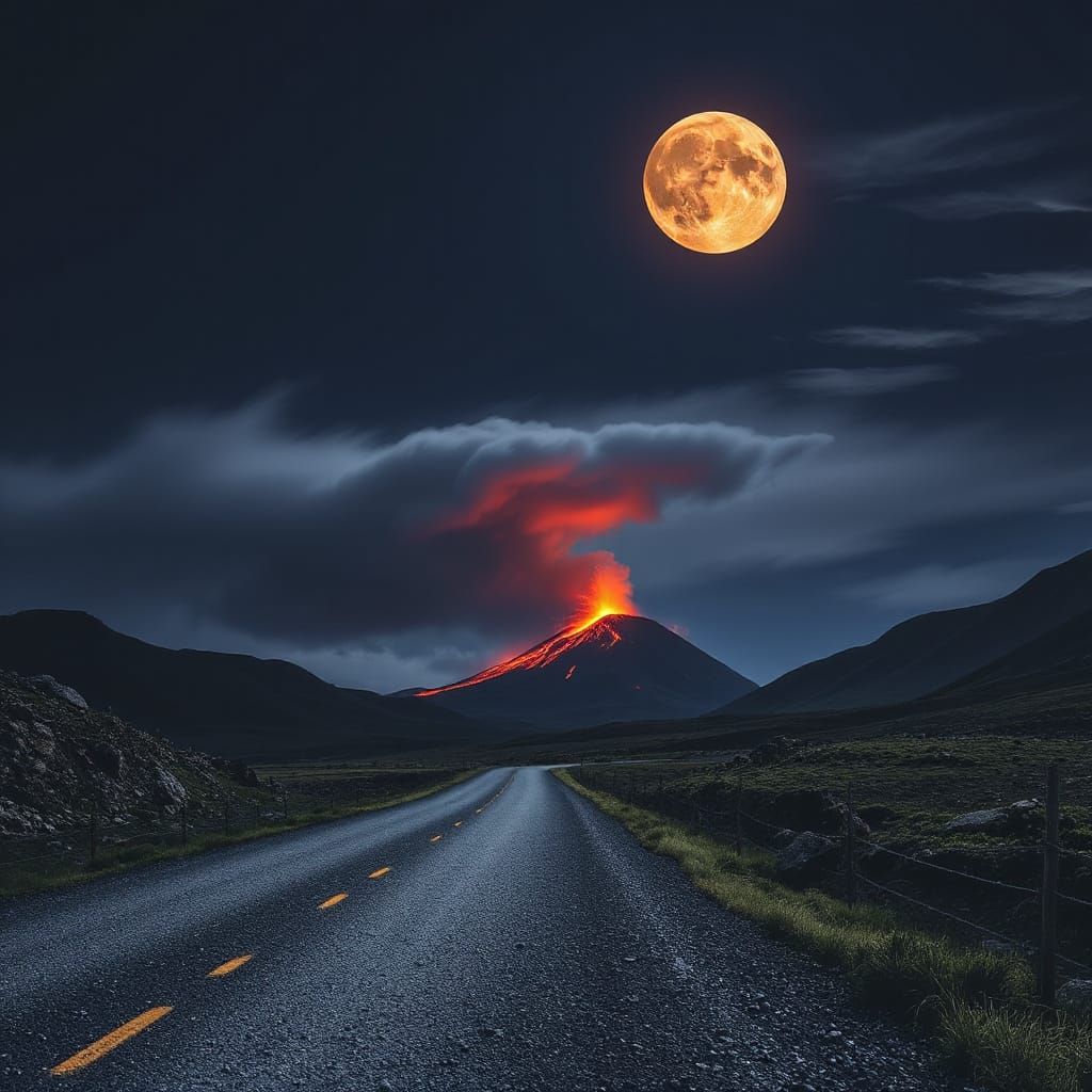 Magical Road to Active Volcano Under Blood Moon