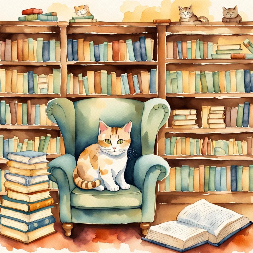 Cozy Cat in Library: Whimsical Watercolor Illustration