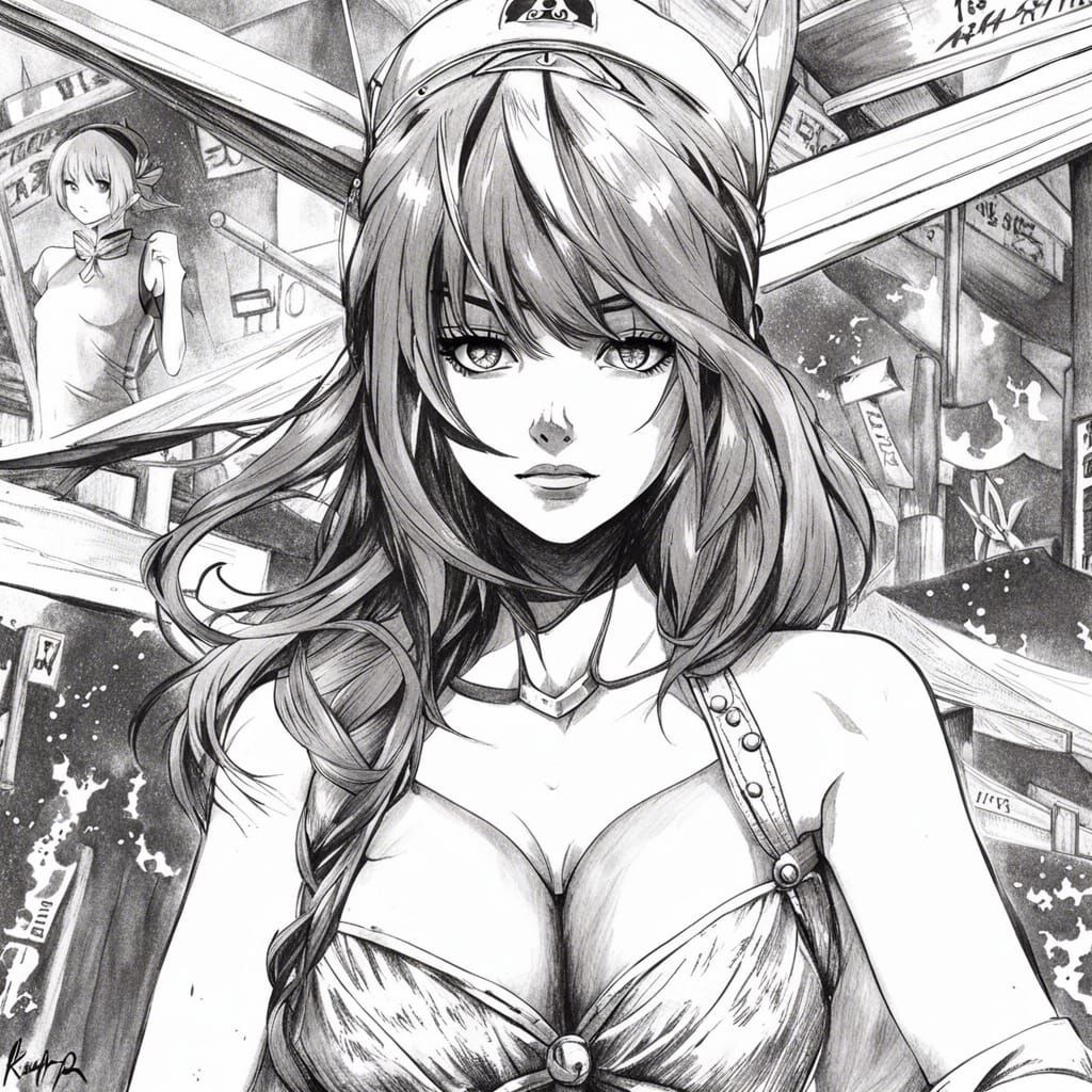 Bikini Woman: Black & White Anime Manga Portrait