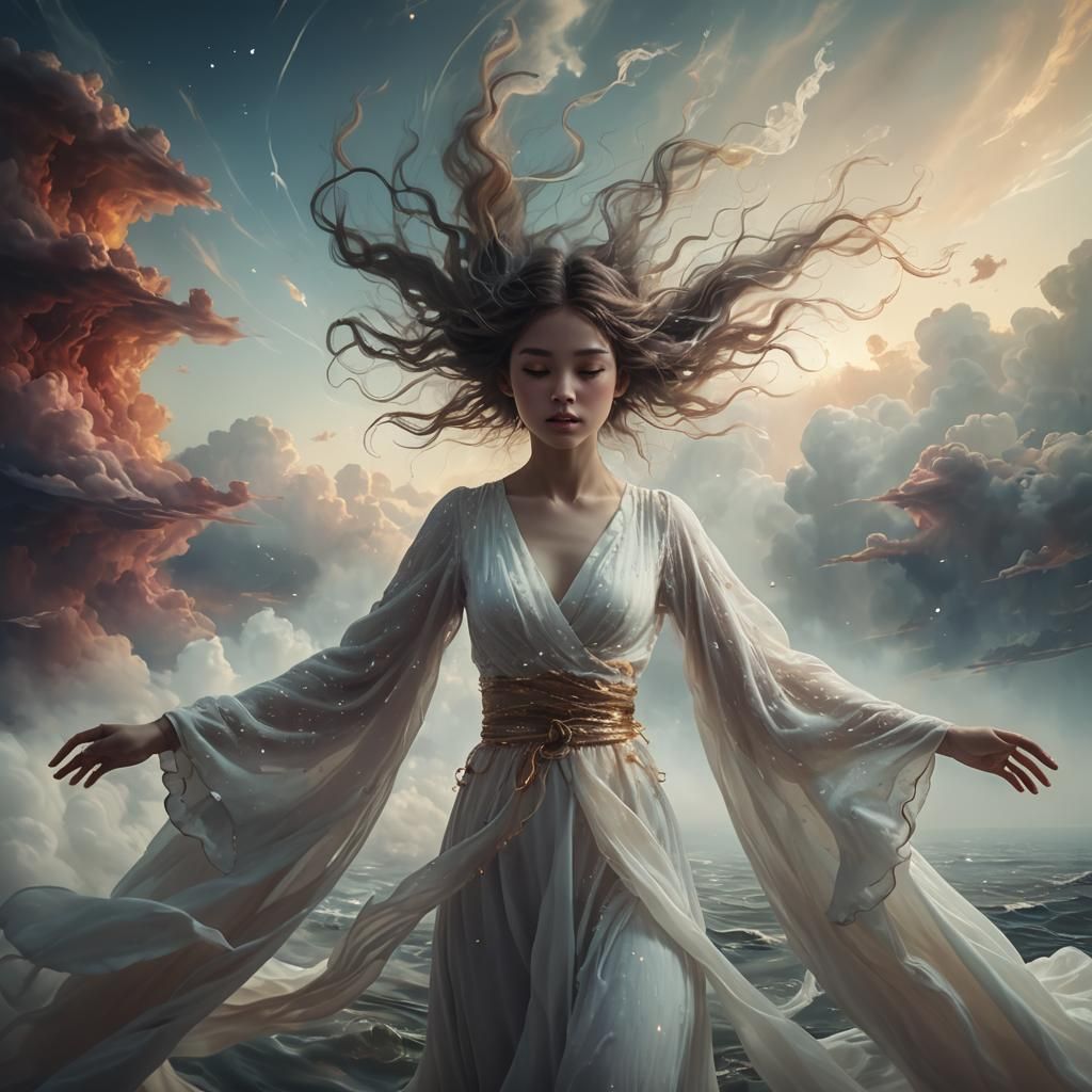 Weightless Girl in Swirling Clouds: Dreamy Fantasy Illustrat...