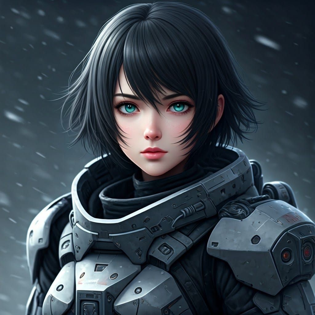 Scifi Soldier Anime Girl in a snow storm...