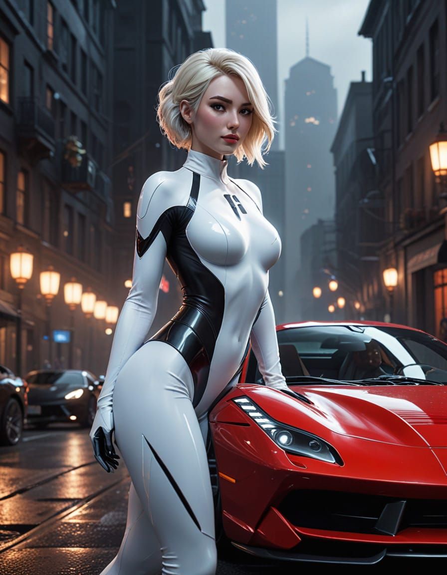 Gothic Gotham City Nightscape with Spider-Gwen and Ferrari