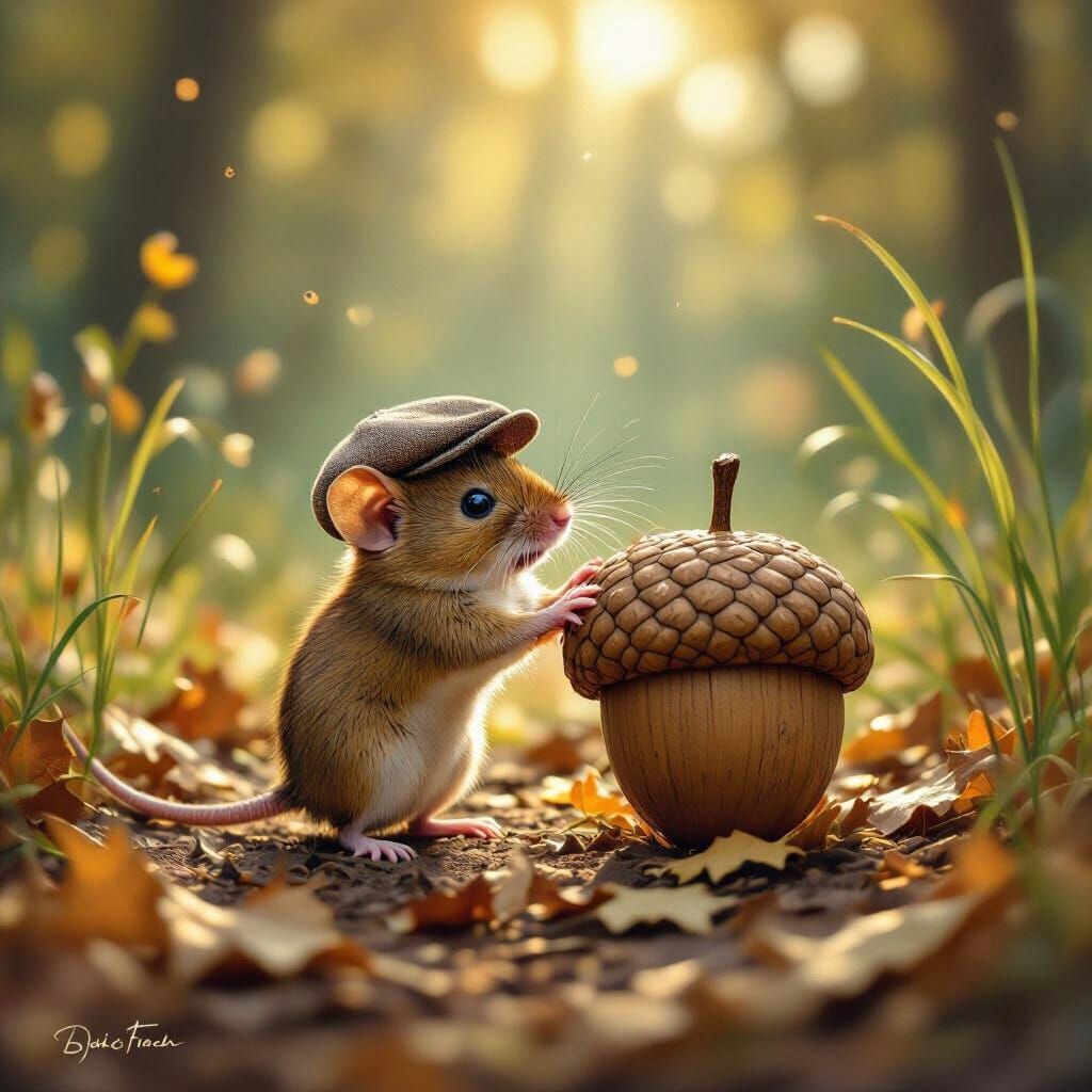 Mouse Triumphs Over Giant Acorn in Sunlit Forest