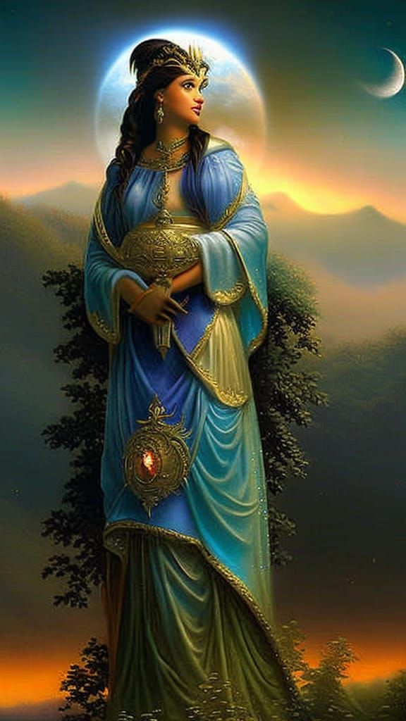 Ethereal Moon Goddess in Dreamy Landscape