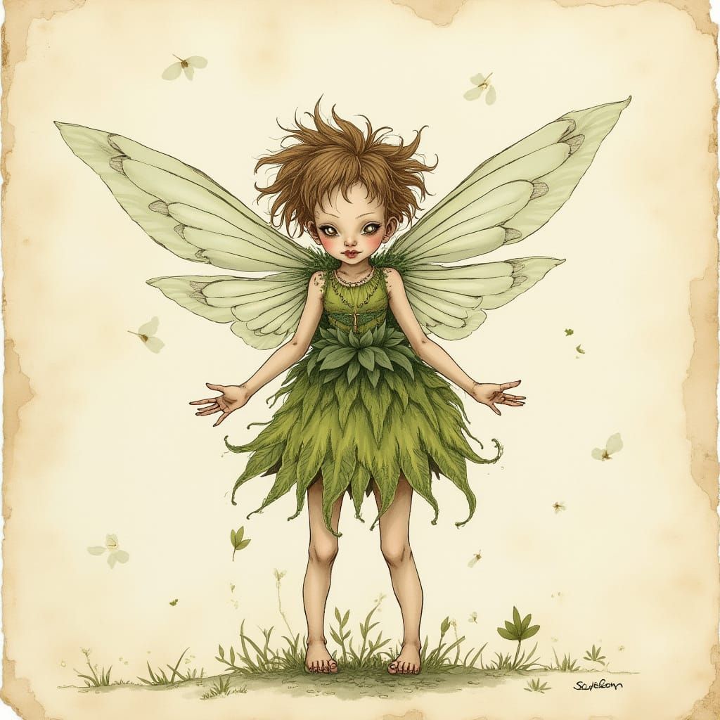 Distorted Fairy on Vintage Parchment, Watercolor and Ink