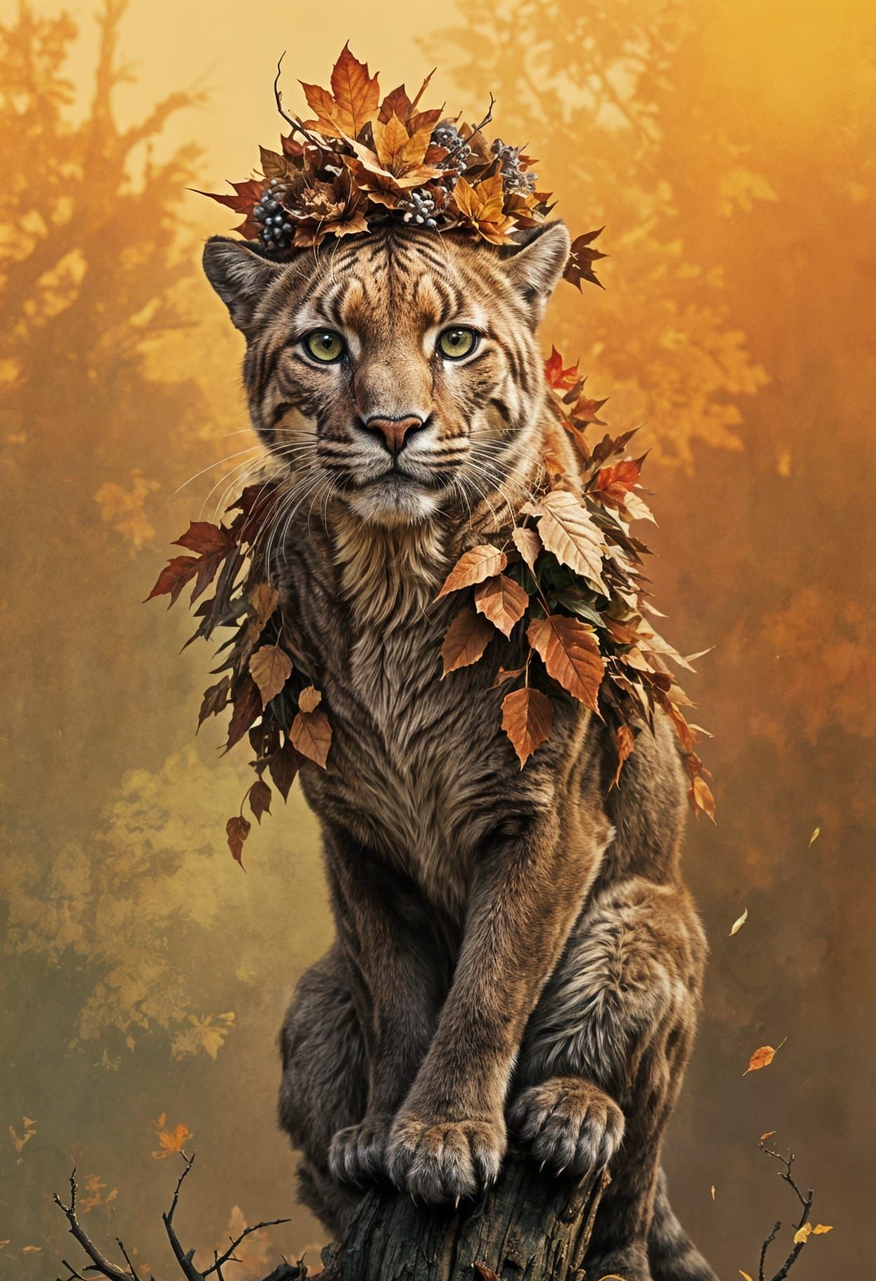 Majestic Autumn Puma Portrait in Triadic Colors