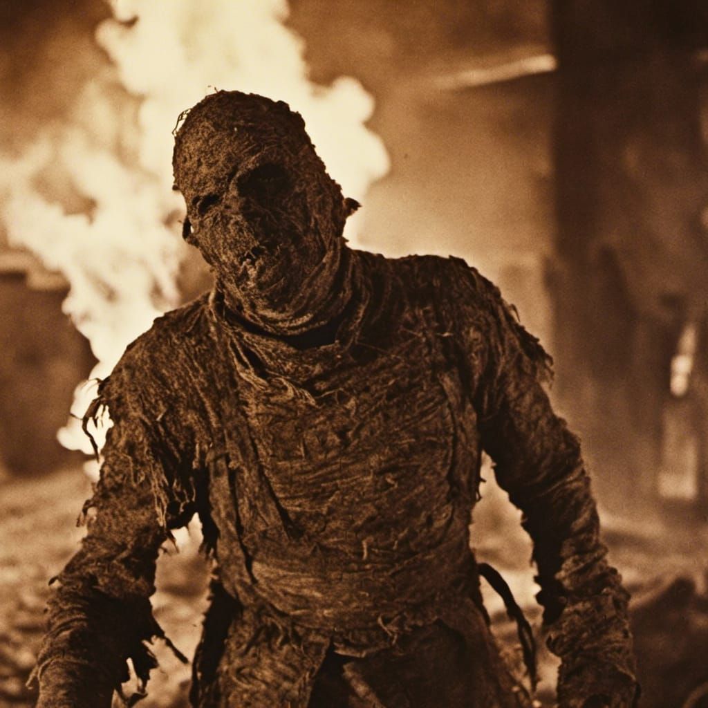 Mummy Firefighter Battles Flames: Cinematic Film Still