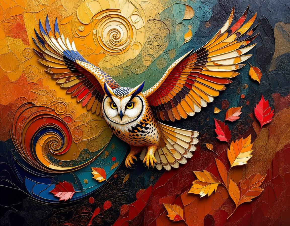 Surreal Owl in Golden Autumn Leaves, Impasto Style