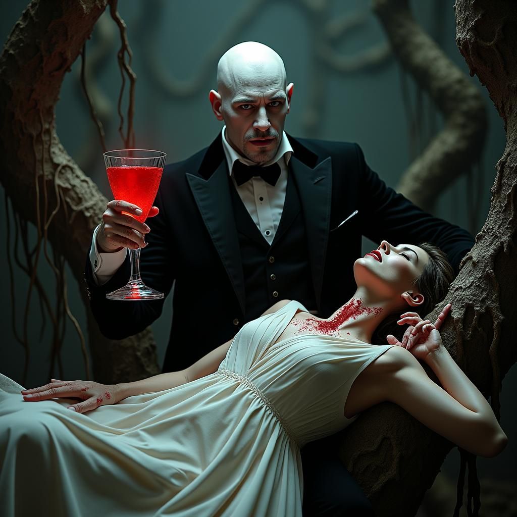 Vampire and Victim in Escher-Inspired Lithograph