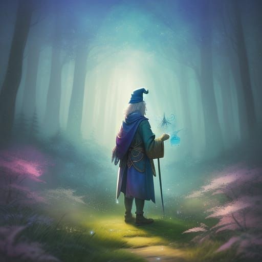 Mystical Wizard in Enchanted Forest, Studio Ghibli Watercolo...