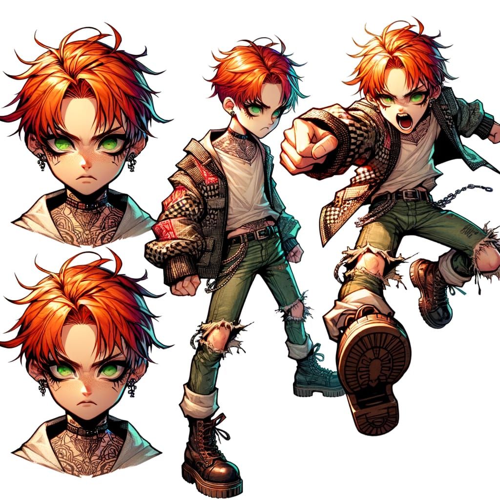 Punk Character with Orange Hair in Action Pose