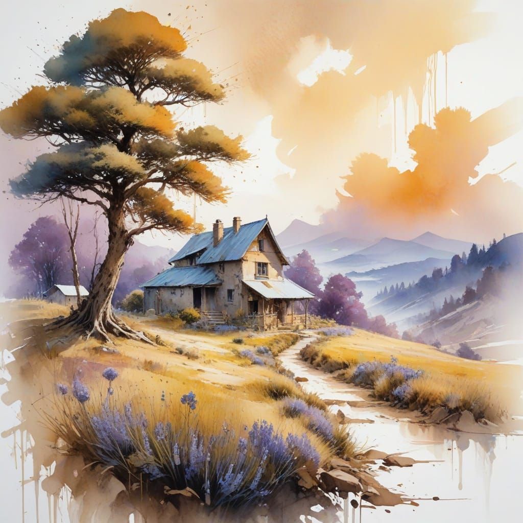 Ethereal Mountain Village in Soft Watercolour Style