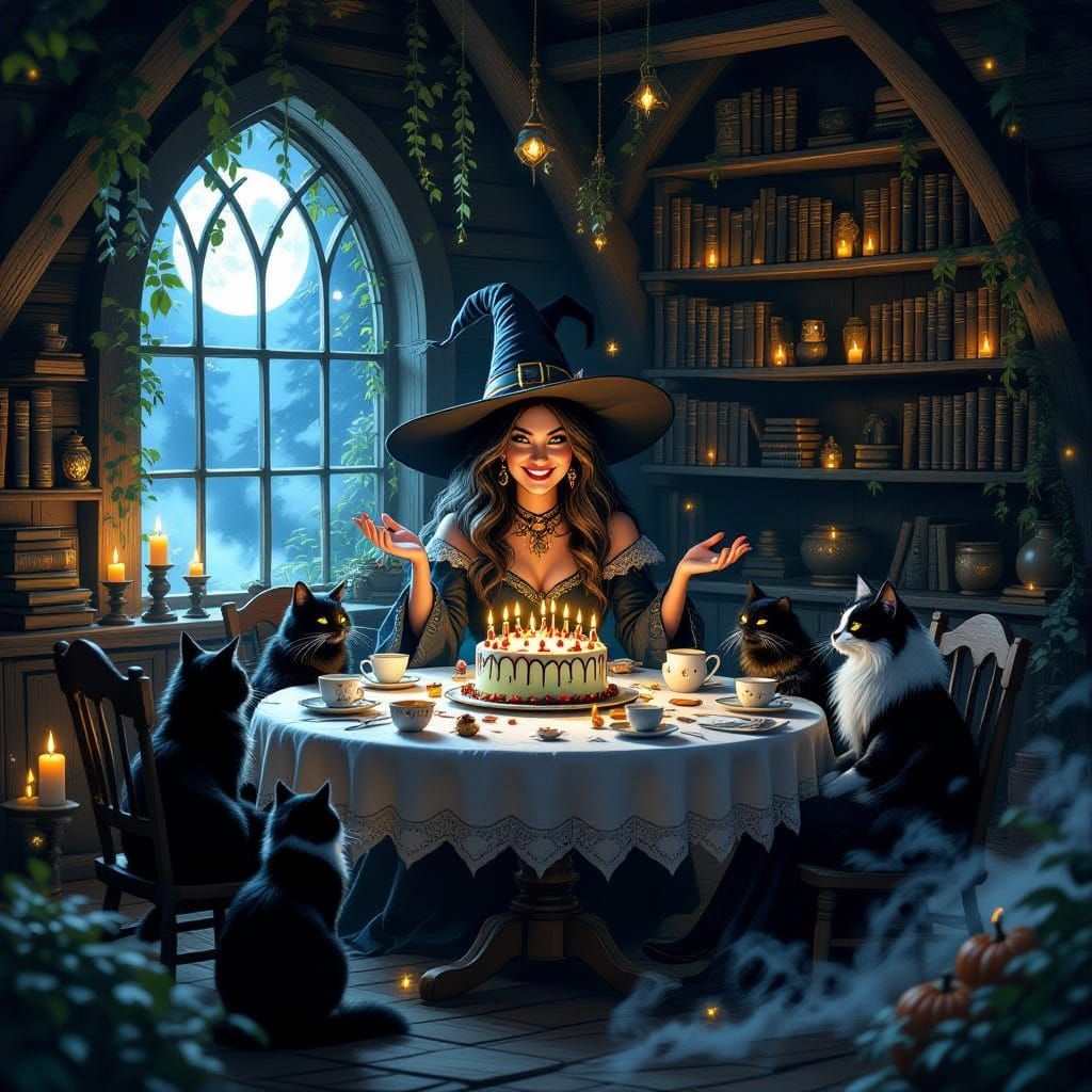 Witch Hosts Familiar Tea Party in Moonlit Forest