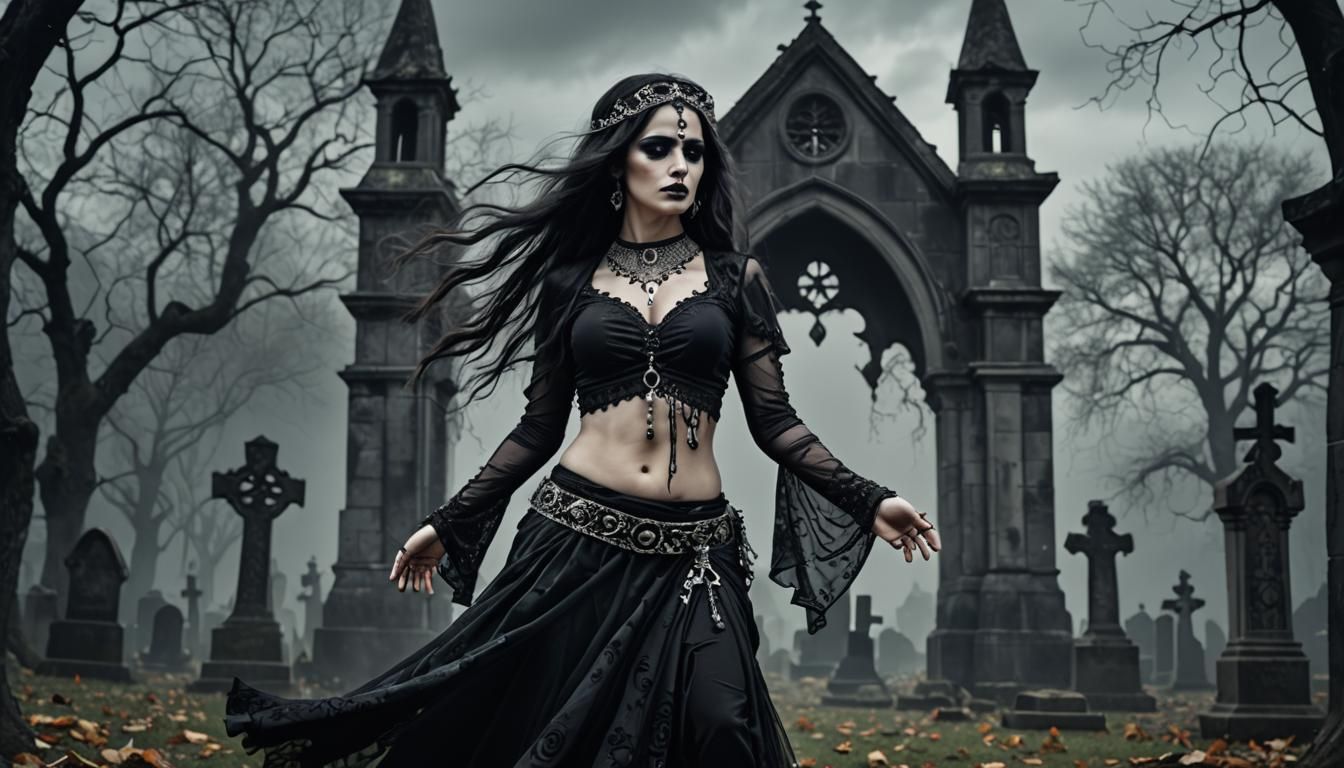 Gothic Woman's Haunting Belly Dance in Graveyard