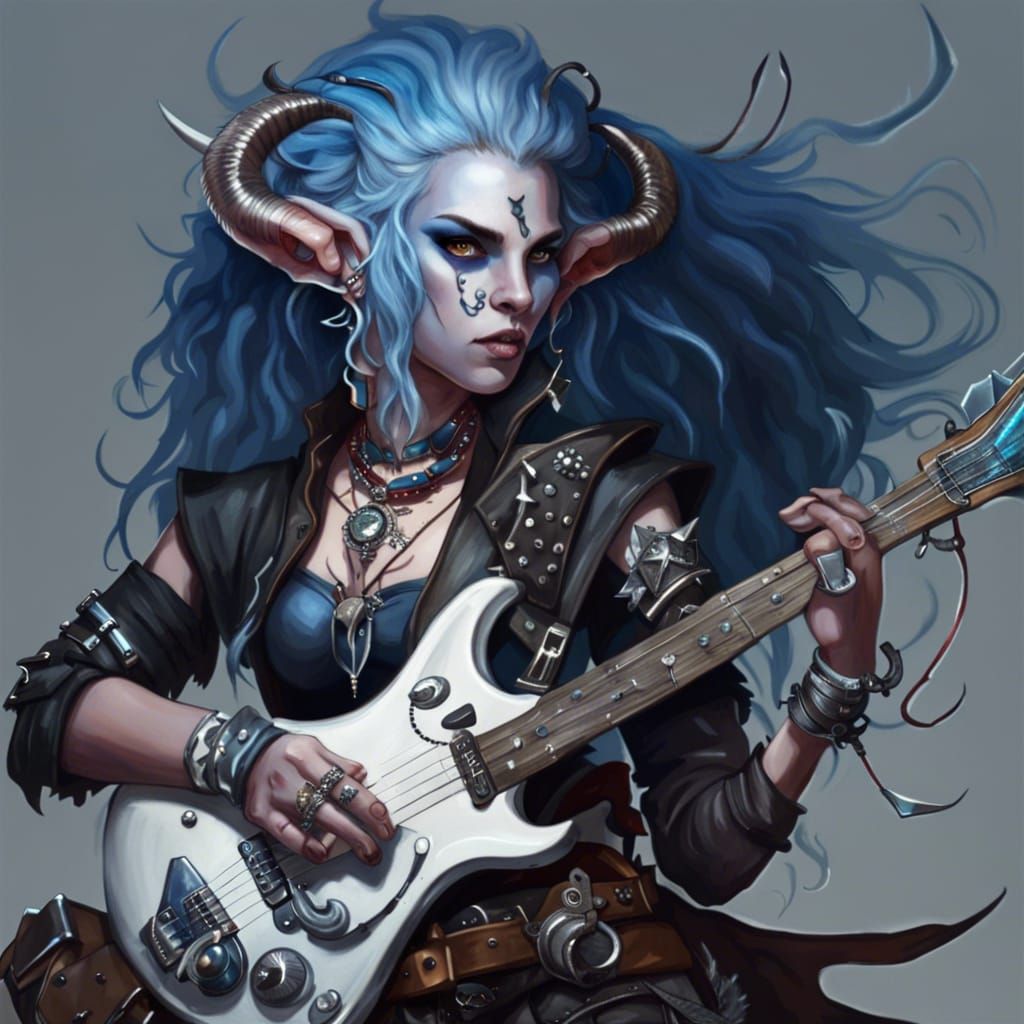 Tiefling Bard with Electric Guitar in Metalhead Style