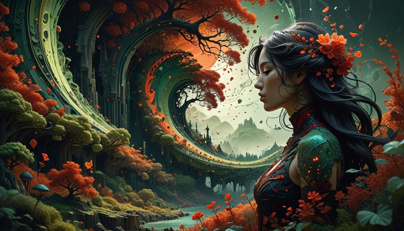Fractal Woman Silhouette in Swirling Landscape