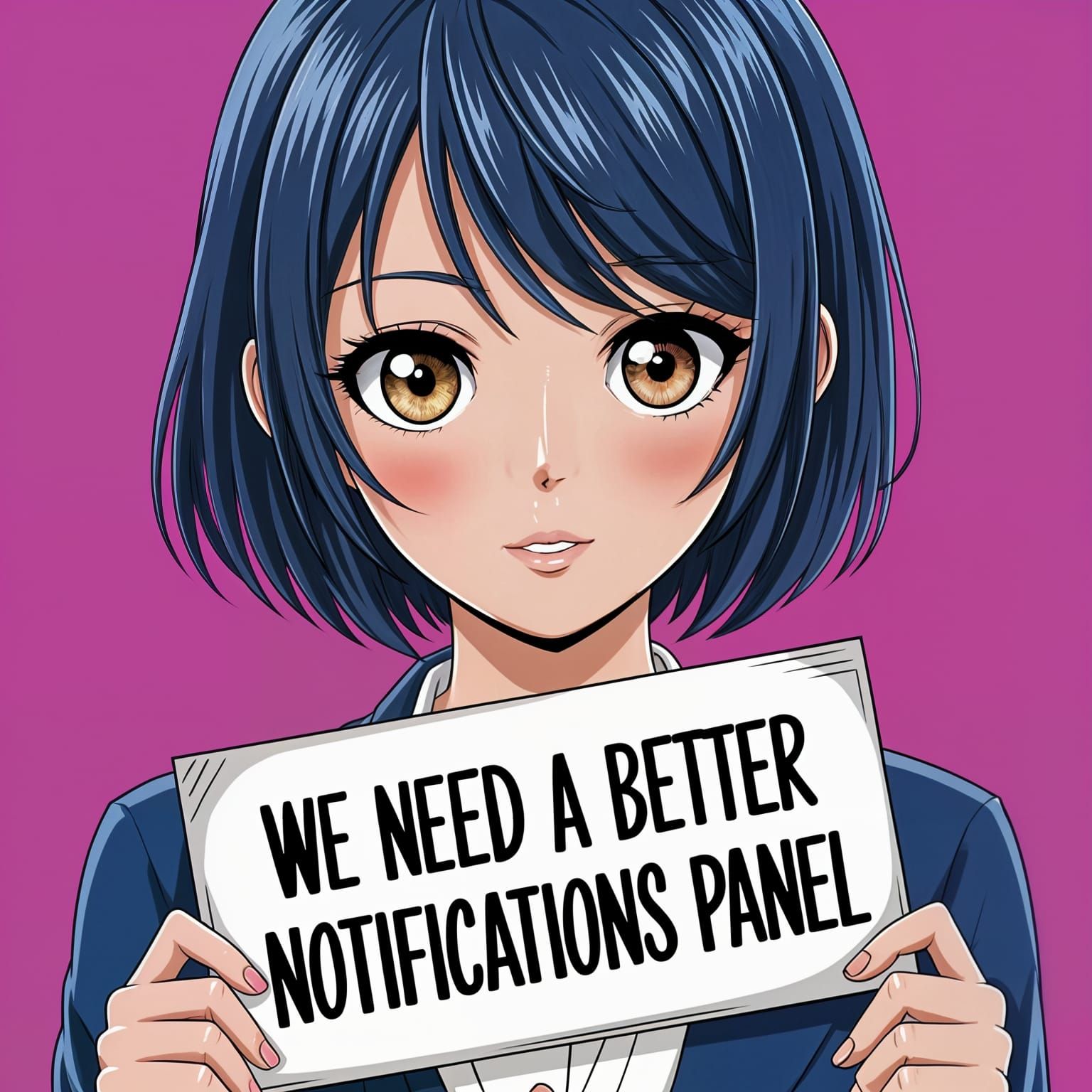 Anime Woman Holding Sign About Notifications Panel