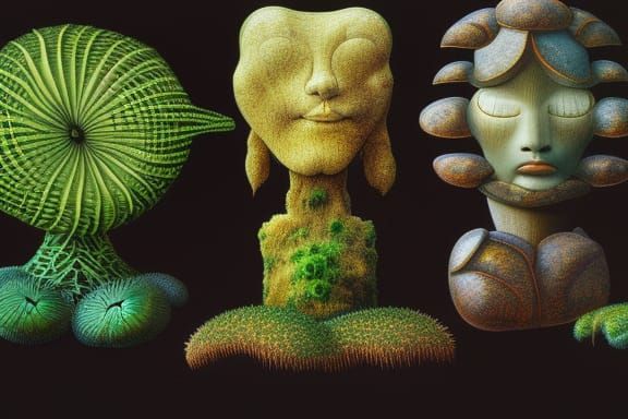 Moss Covered Tiki Gods in Surreal Jungle