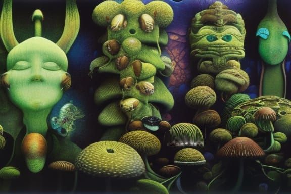 Moss Covered Tiki Gods in a Surreal Jungle