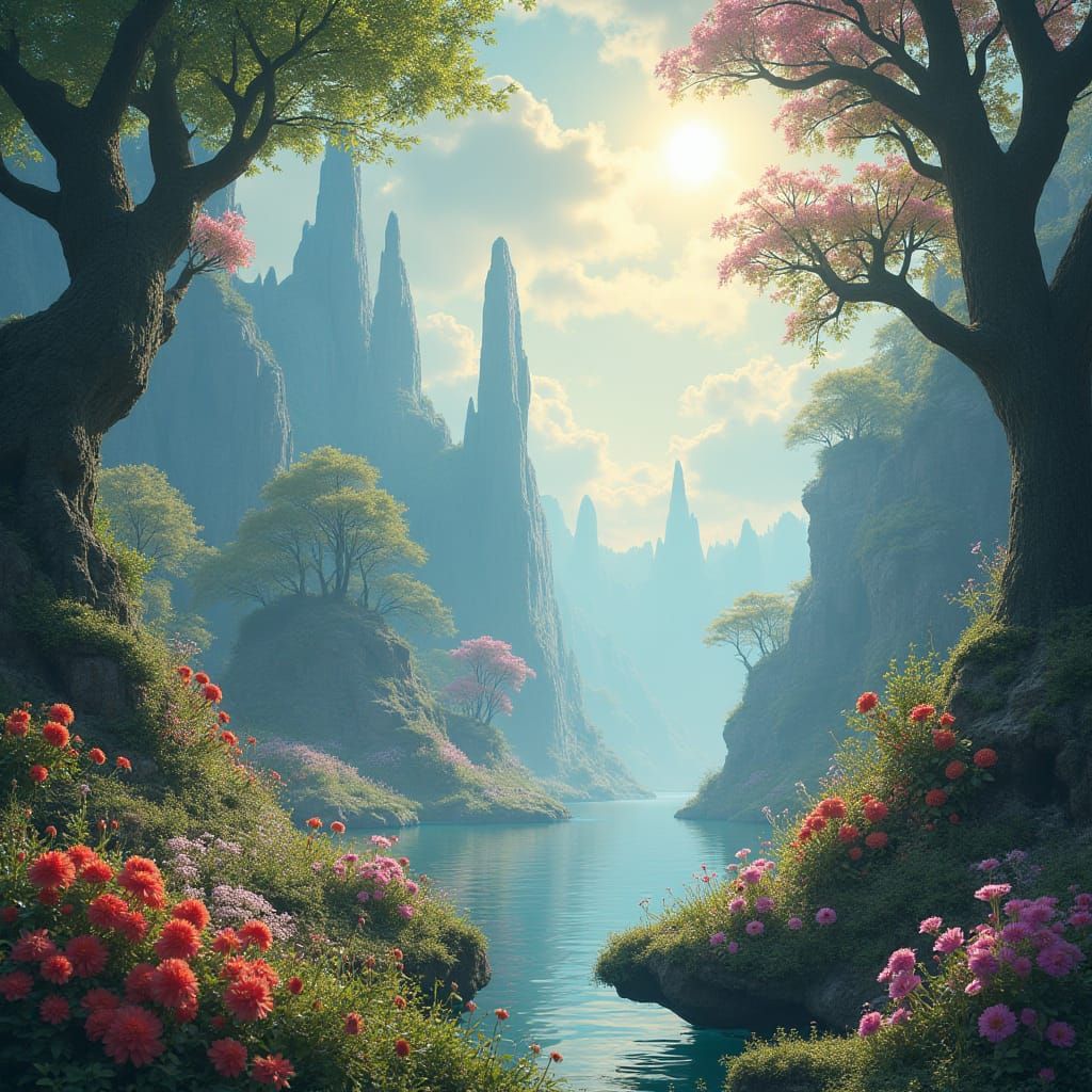 Enchanted Mystical Realm of Vibrant Flora and Fauna