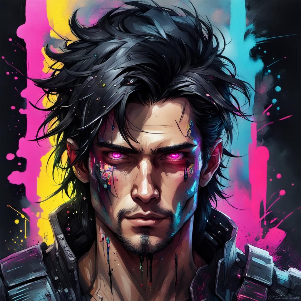 Cyberpunk Man with Cybernetic Implants, Digital Watercolor