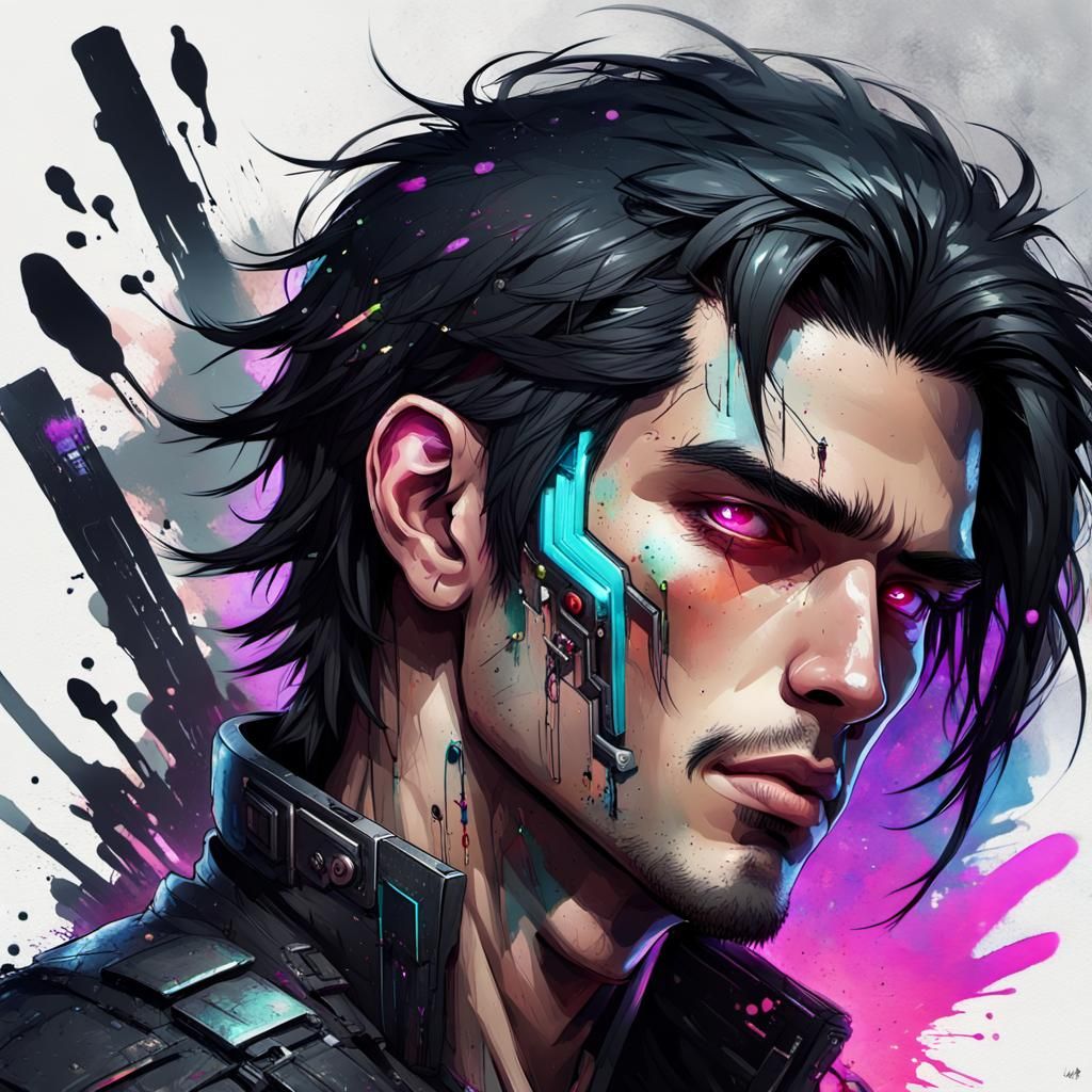 Cyberpunk Man with Cybernetic Implants in Watercolor Style