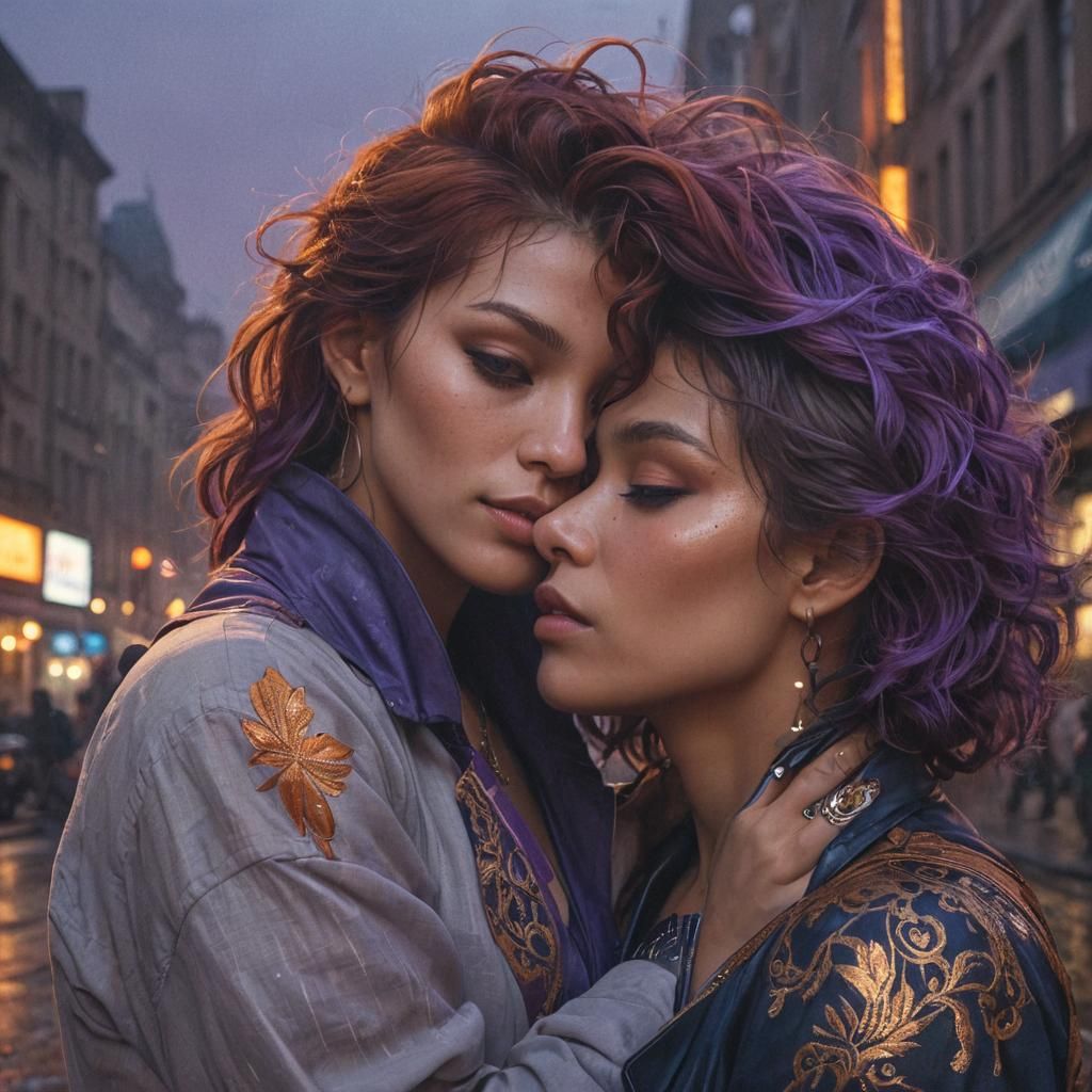 Loving Lesbian Couple in City Street, Splash Art Style