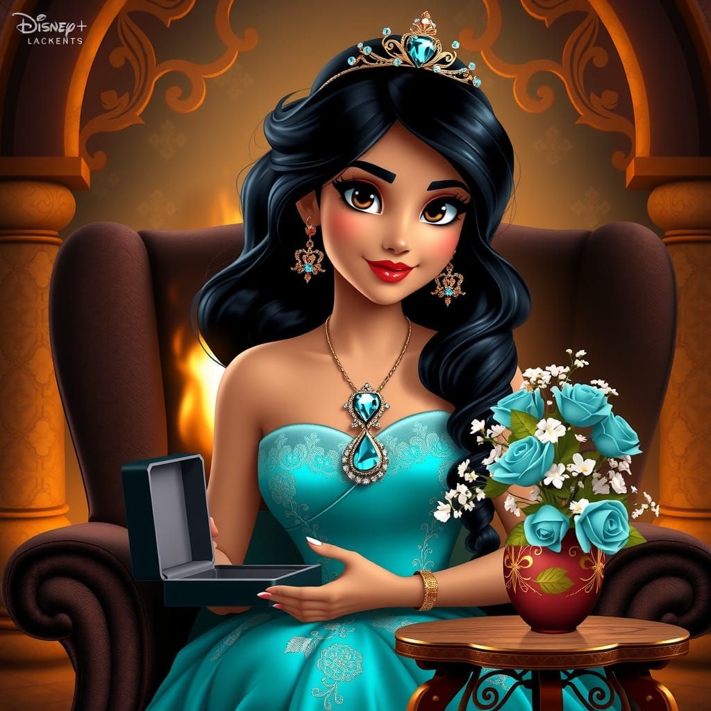Princess Jasmine in Turquoise Ball Gown with Aquamarine Acce...