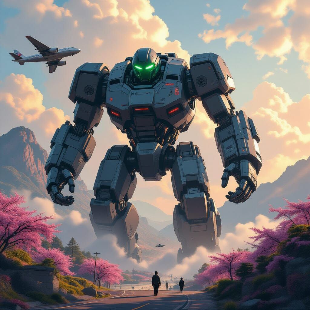 Colossal Golem Battles Aircraft in Japanese Landscape