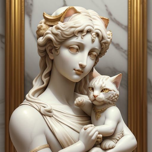 Realistic Marble Sculpture of Baby with Cat