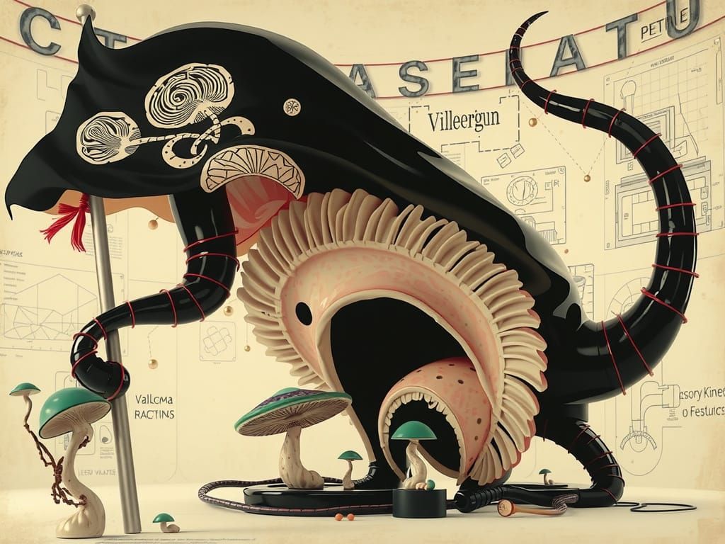 Surreal Fungal Dreamscape in Industrial Pop Art Style