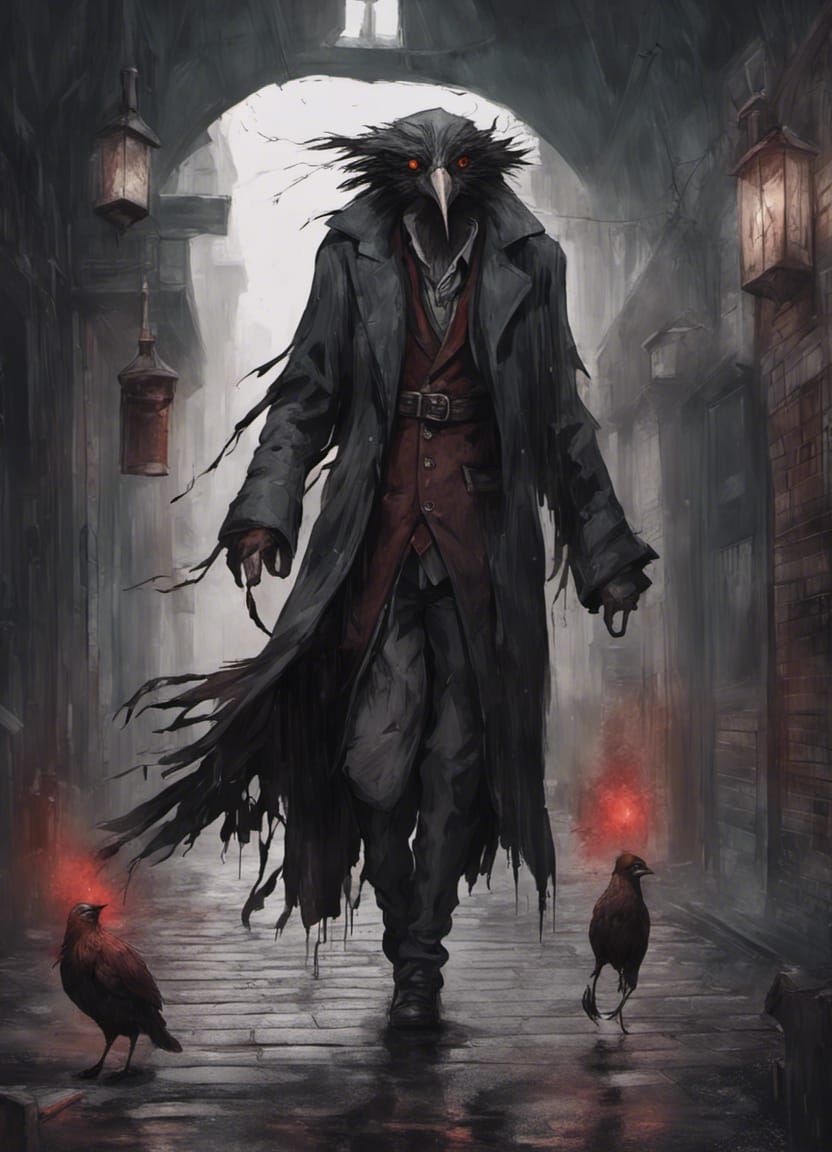 Kenku Alchemist in Dark, Foggy Alley