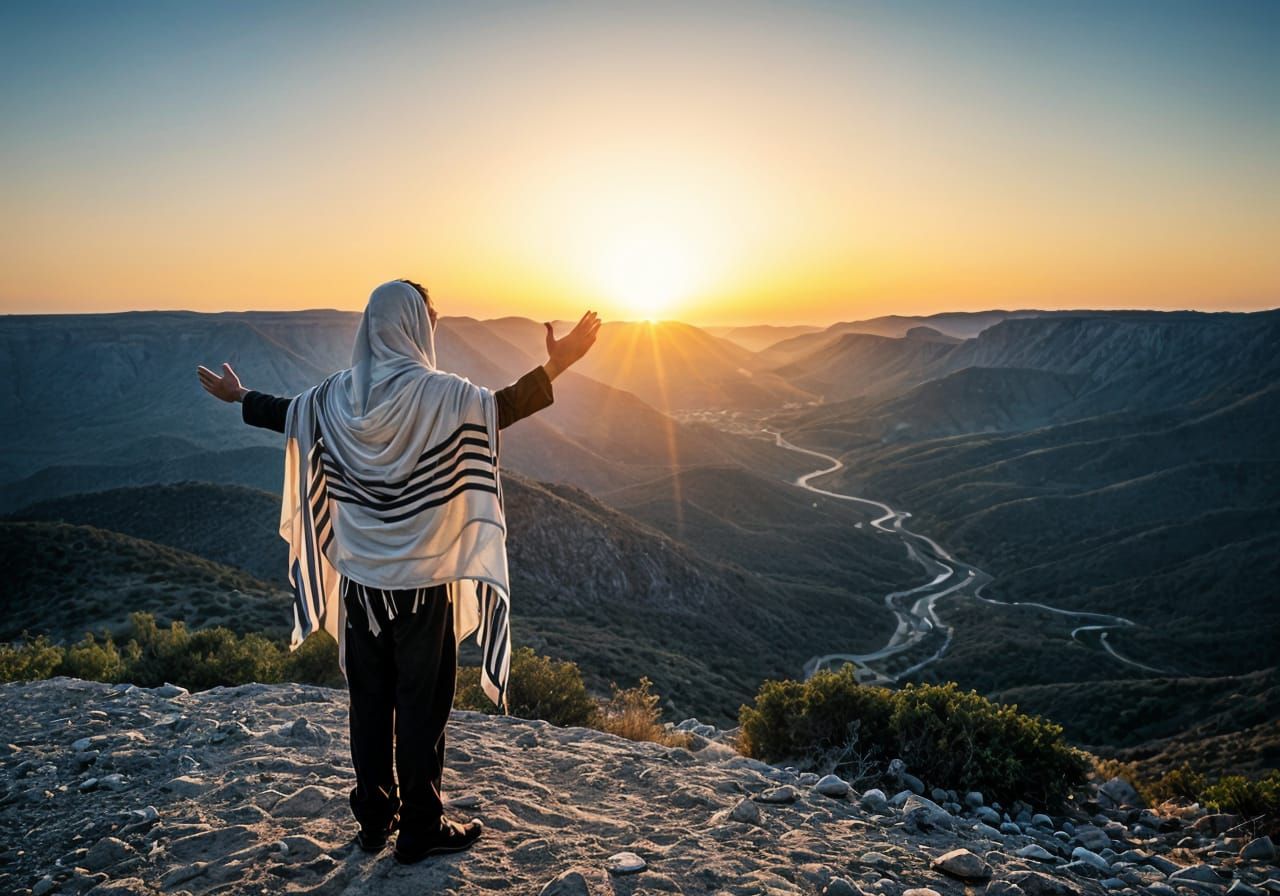 Jewish Man with Tallit in Valley at Sunset